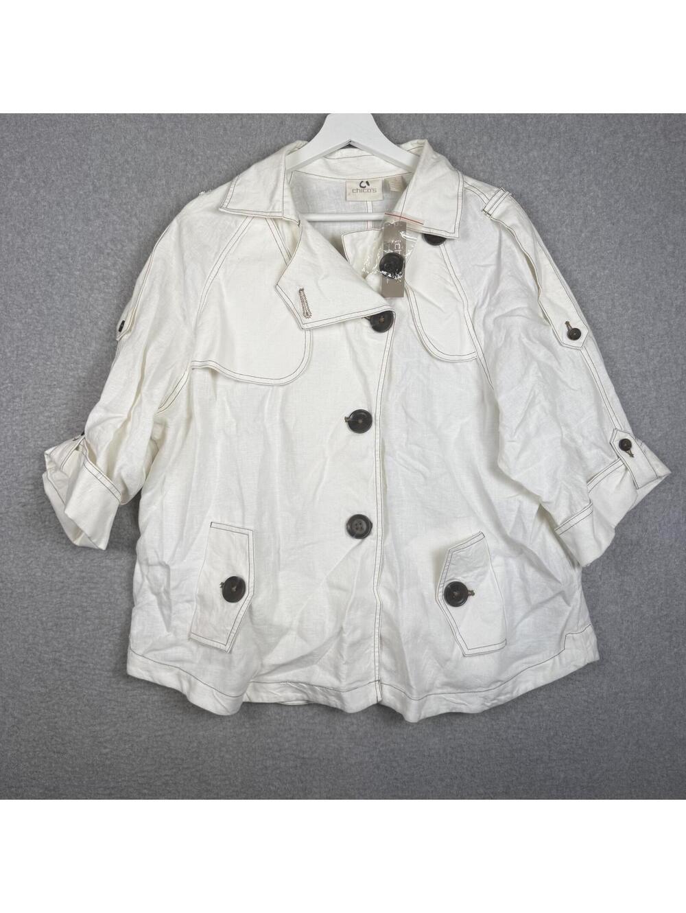 New Chico's Womens Asymmetric Button Front Cropped Linen Trench Jacket 3 White